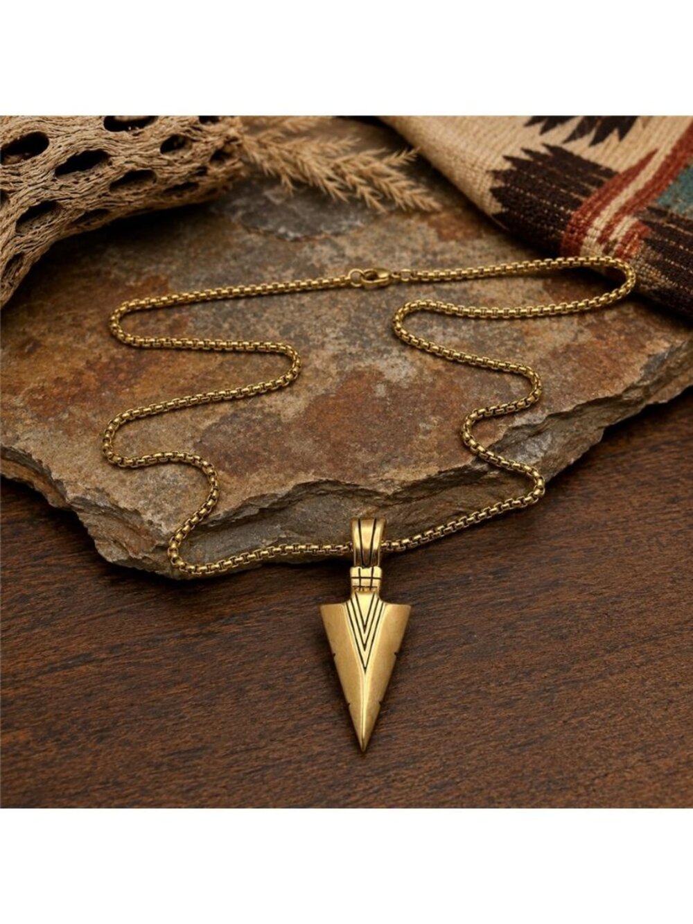 Vintage Gold Tone Arrowhead Pendant Necklace Geometric Art Deco Style 24 In